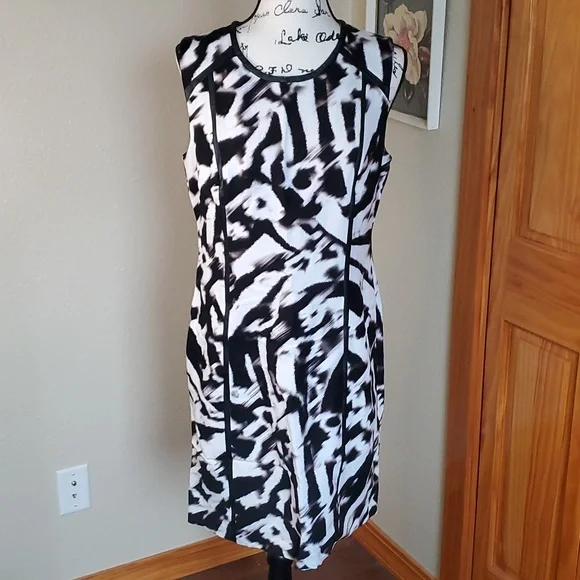 Calvin Klein Animal Print Sheath Dress Black White Size 10